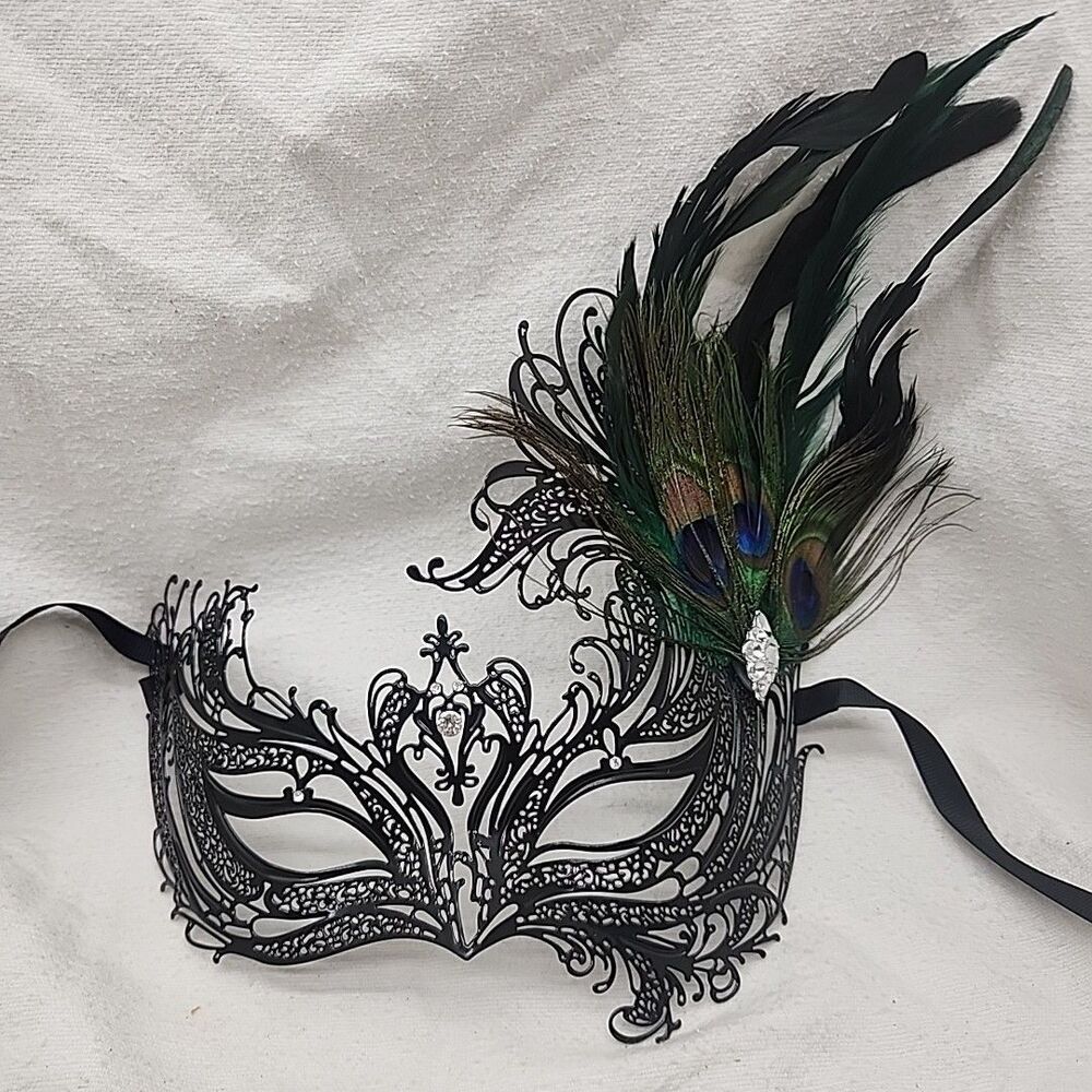 Mask Venetian Beistle Metal Peacock Feathered Rhinestones Masquerade Black